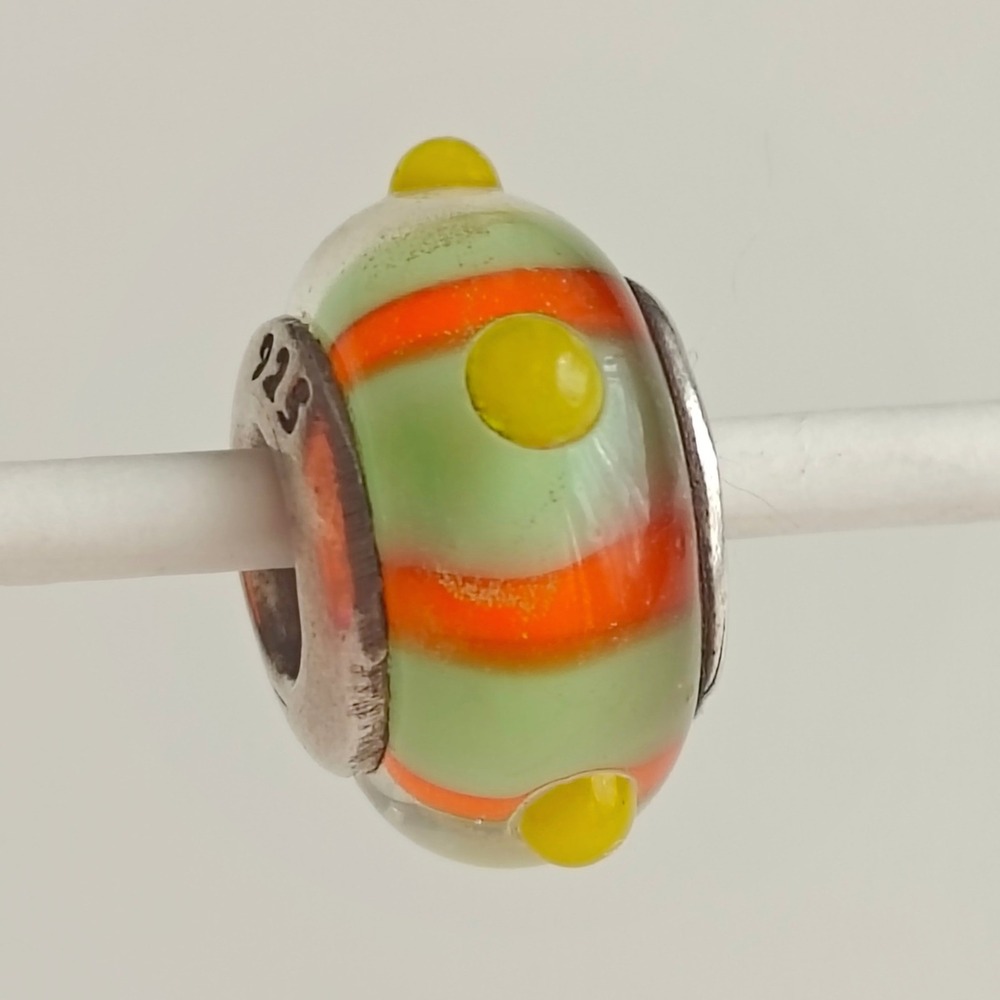 Silverado Charm Lampwork Bead Green Orange Striped Polka Dot 925 Sterling Silver
